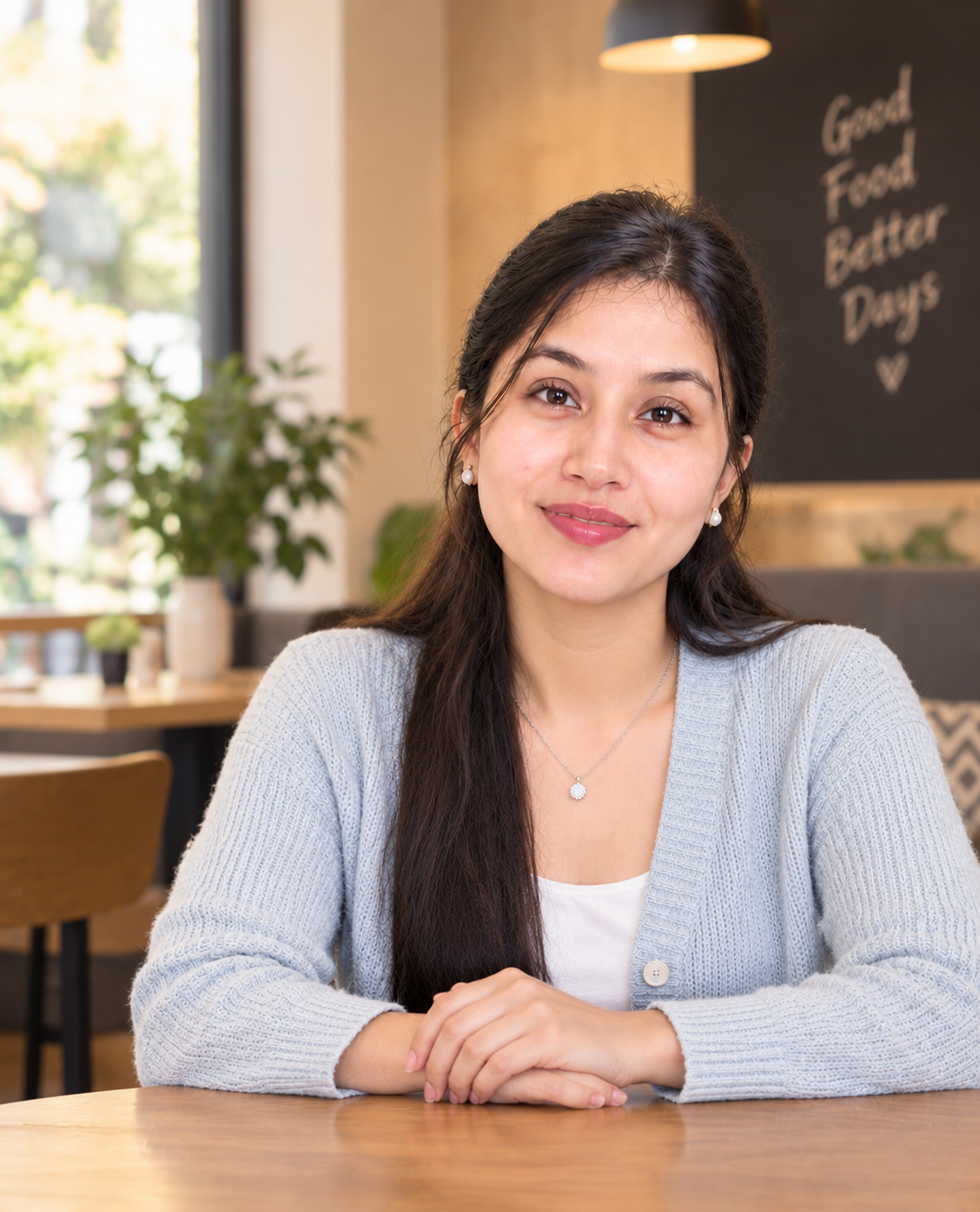 Sujata seated at a café, smiling at the camera